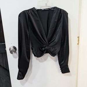 Zara Black Satin Twist Front Blouse